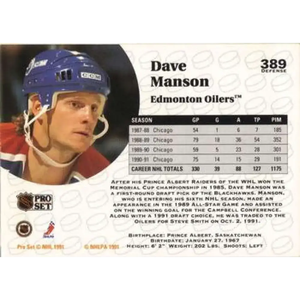 1991-92 Pro Set #389 Dave Manson NM-MT Edmonton Oilers Hockey Card - Hockey Card Single