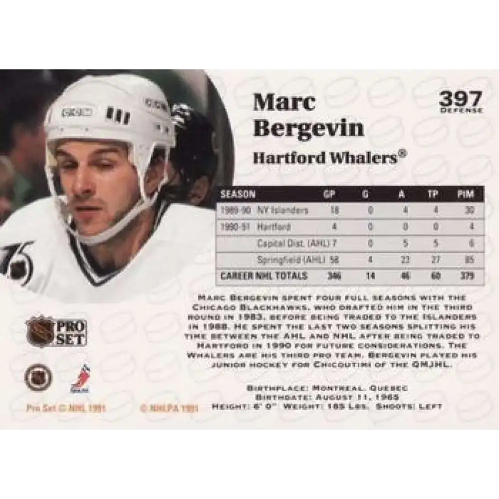 1991-92 Pro Set #397 Marc Bergevin NM-MT Hartford Whalers Hockey Card - Hockey Card Single