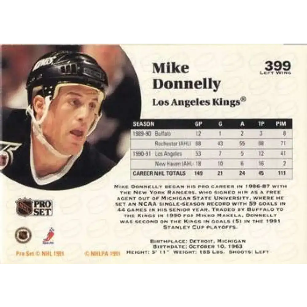 1991-92 Pro Set #399 Mike Donnelly NM-MT RC Rookie Los Angeles Kings Hockey Card - Hockey Card Single