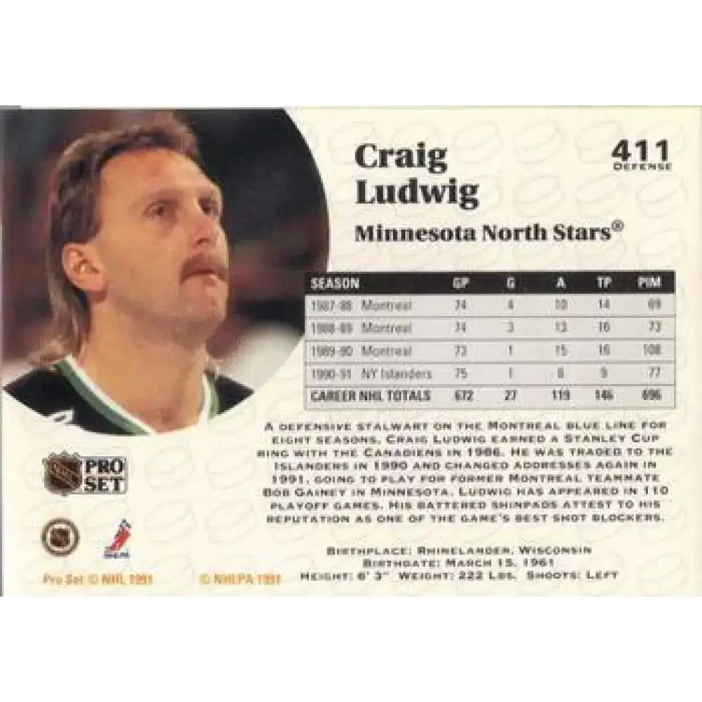 1991-92 Pro Set #411 Craig Ludwig NM-MT Minnesota North Stars Hockey Card - Hockey Card Single