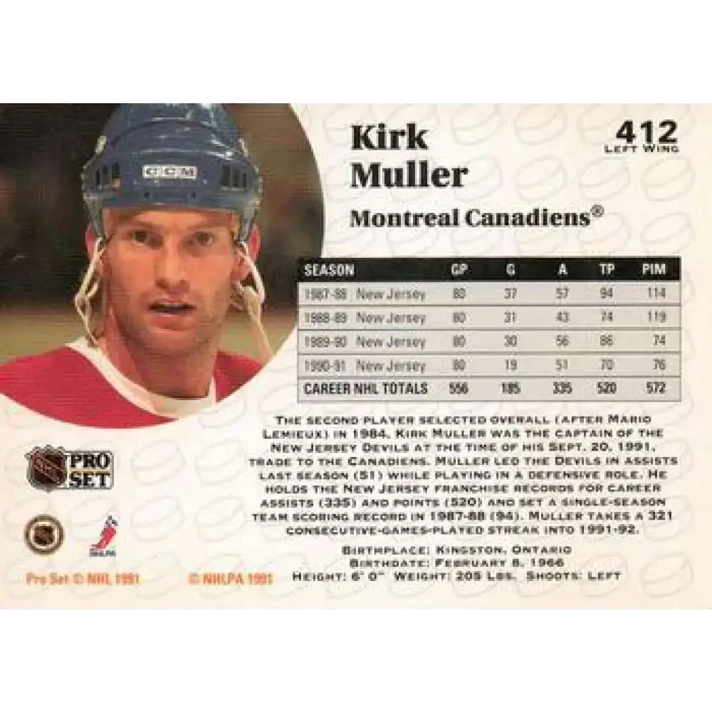 1991-92 Pro Set #412 Kirk Muller NM-MT Montreal Canadiens Hockey Card - Hockey Card Single