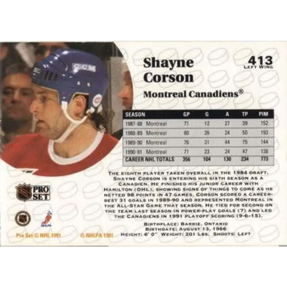 1991-92 Pro Set #413 Shayne Corson NM-MT Montreal Canadiens Hockey Card - Hockey Card Single