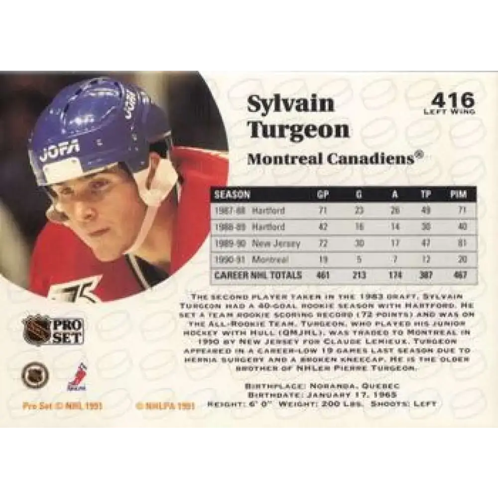 1991-92 Pro Set #416 Sylvain Turgeon NM-MT Montreal Canadiens Hockey Card - Hockey Card Single
