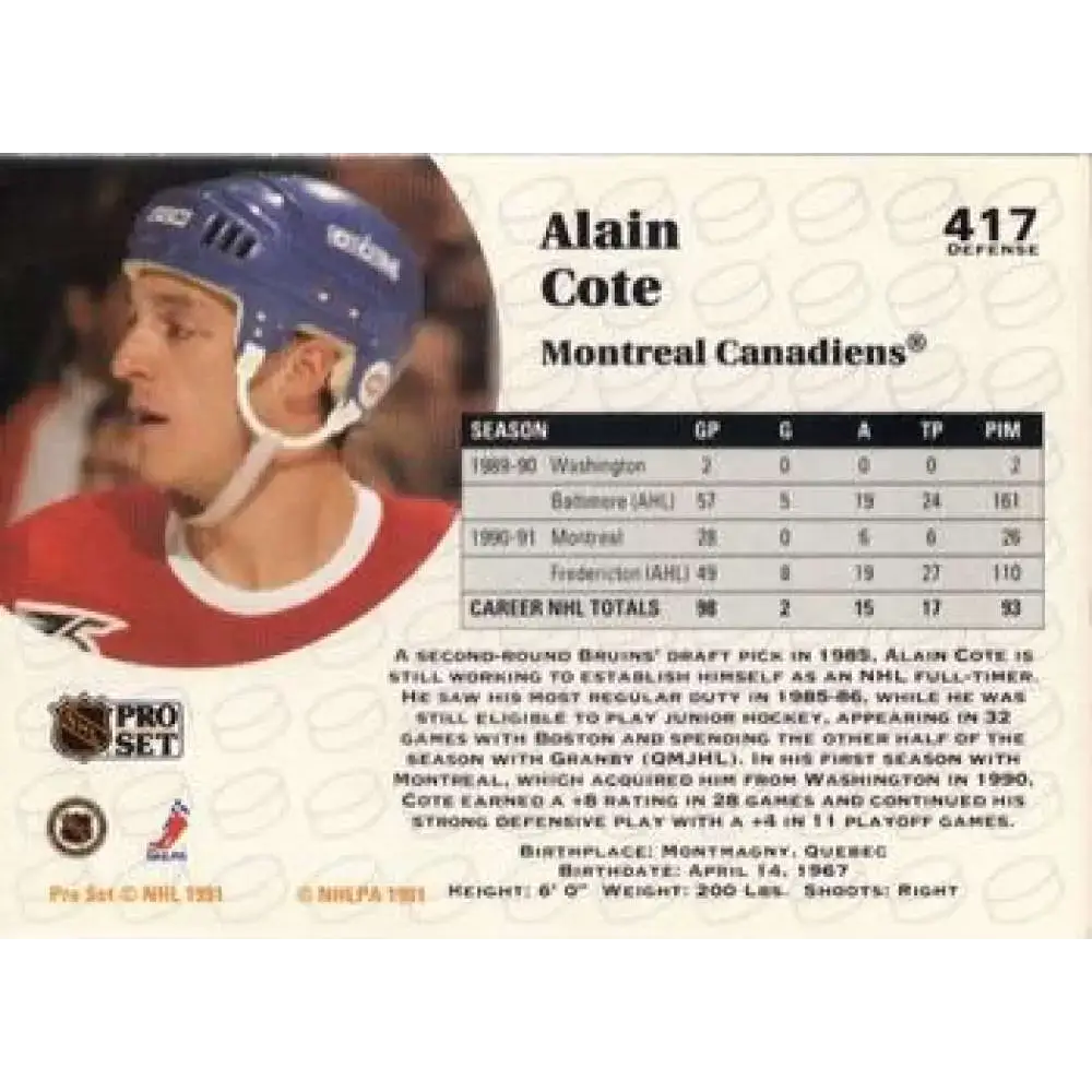 1991-92 Pro Set #417 Alain Cote NM-MT Montreal Canadiens Hockey Card - Hockey Card Single