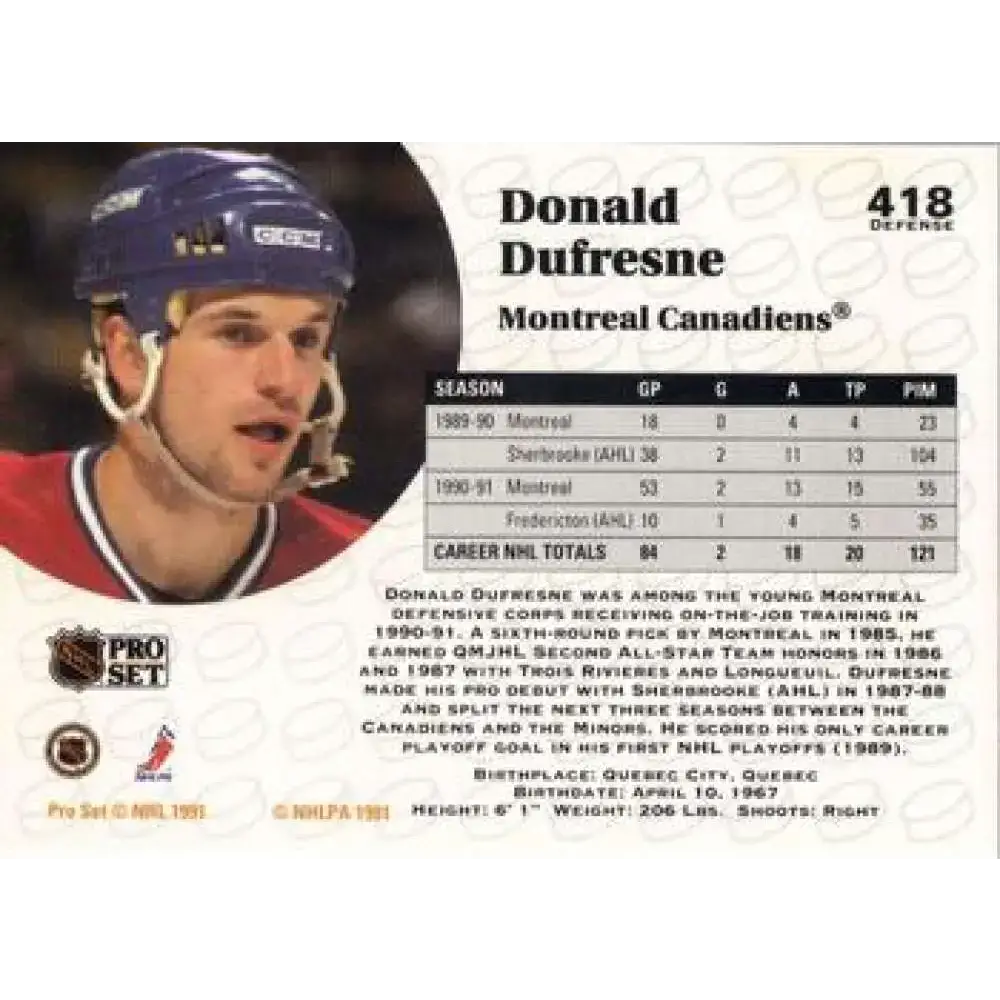 1991-92 Pro Set #418 Donald Dufresne NM-MT Montreal Canadiens Hockey Card - Hockey Card Single