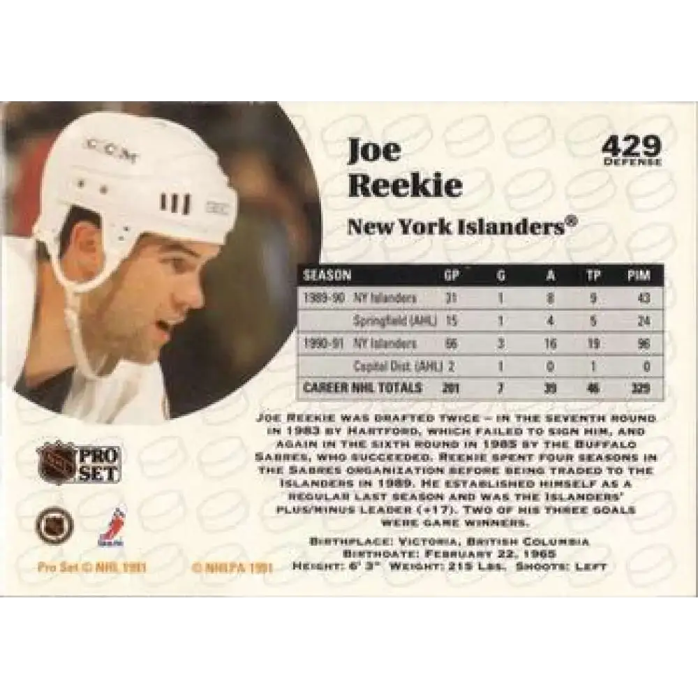 1991-92 Pro Set #429 Joe Reekie NM-MT New York Islanders Hockey Card - Hockey Card Single