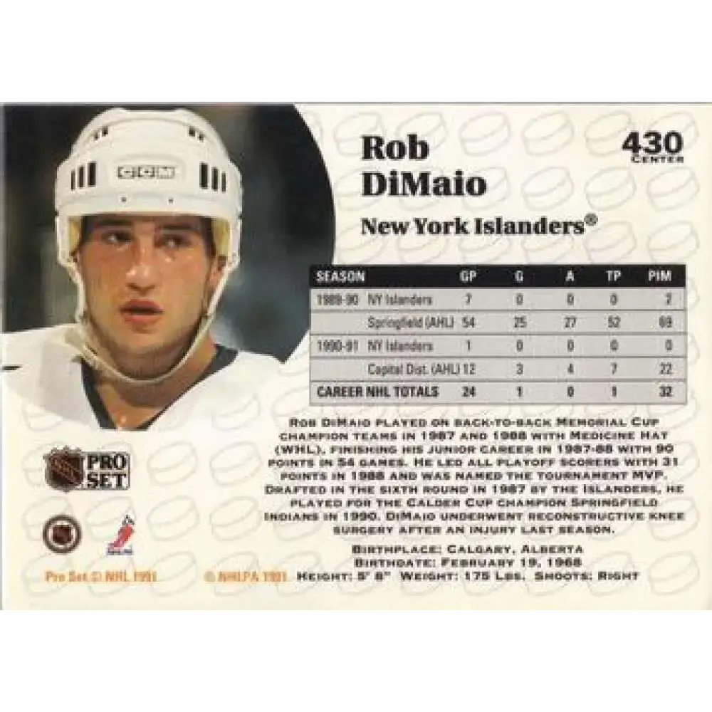 1991-92 Pro Set #430 Rob DiMaio NM-MT New York Islanders Hockey Card - Hockey Card Single