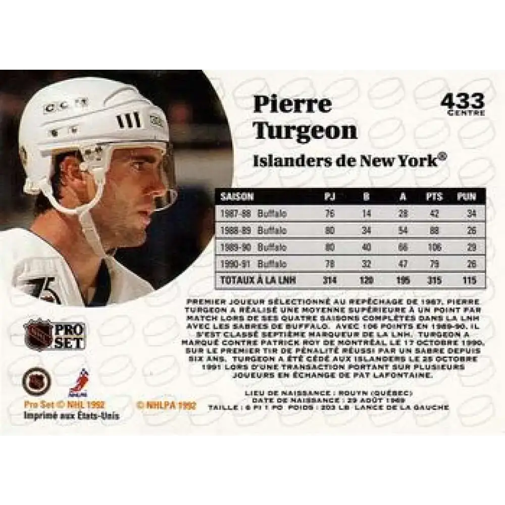 1991-92 Pro Set #433 Pierre Turgeon NM-MT New York Islanders Hockey Card - Hockey Card Single