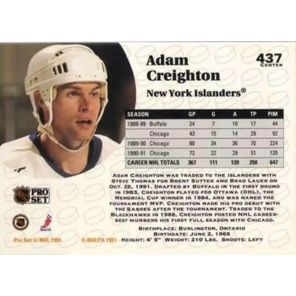 1991-92 Pro Set #437 Adam Creighton NM-MT New York Islanders Hockey Card - Hockey Card Single