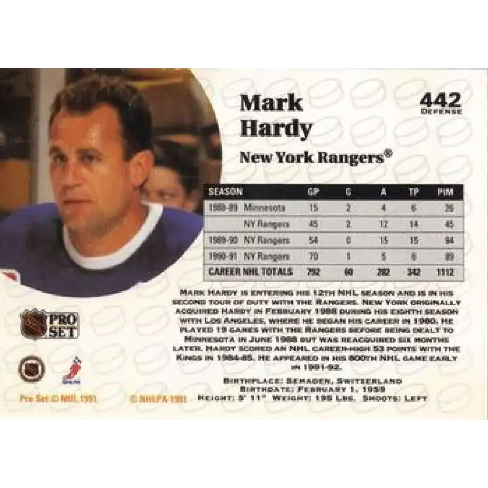 1991-92 Pro Set #442 Mark Hardy NM-MT New York Rangers Hockey Card - Hockey Card Single