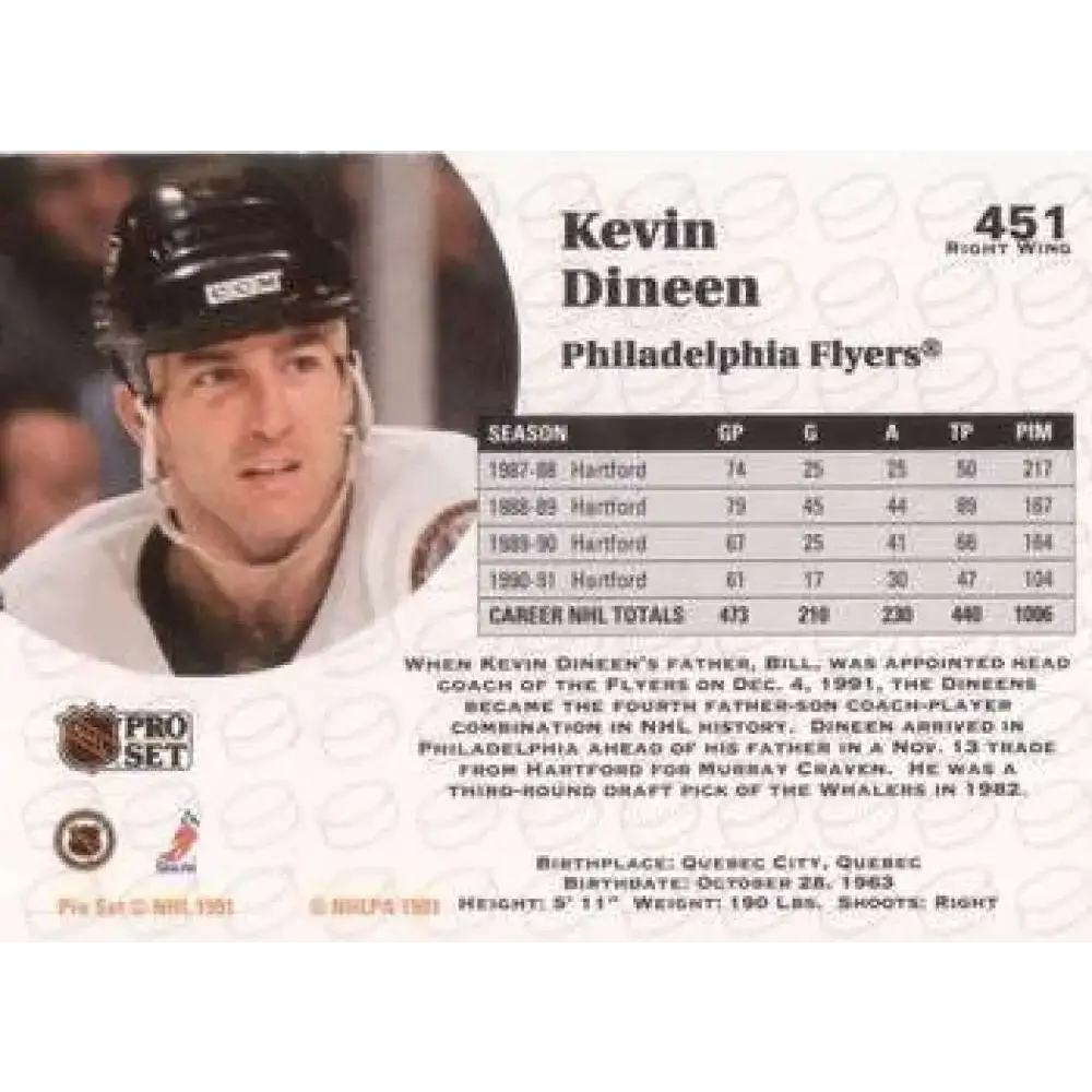 1991-92 Pro Set #451 Kevin Dineen NM-MT Philadelphia Flyers Hockey Card - Hockey Card Single