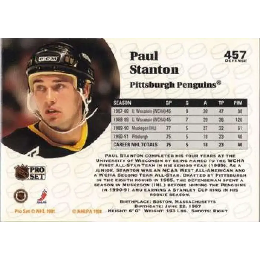 1991-92 Pro Set #457 Paul Stanton NM-MT Pittsburgh Penguins Hockey Card - Hockey Card Single