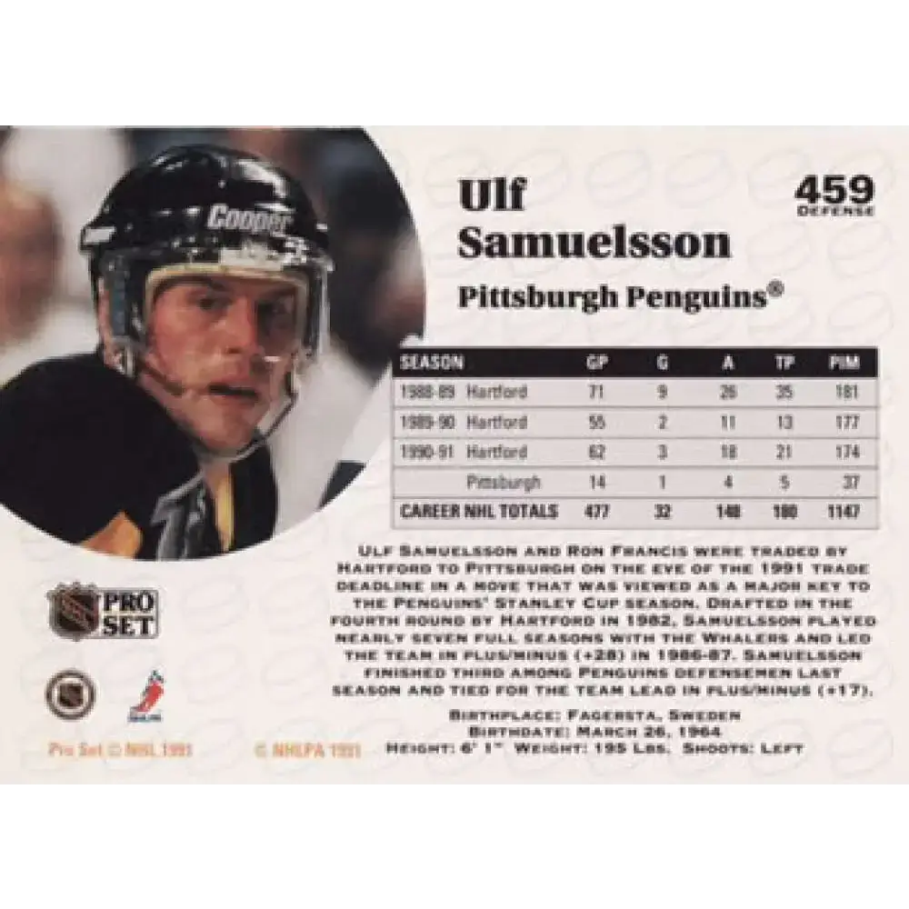 1991-92 Pro Set #459 Ulf Samuelsson NM-MT Pittsburgh Penguins Hockey Card - Hockey Card Single