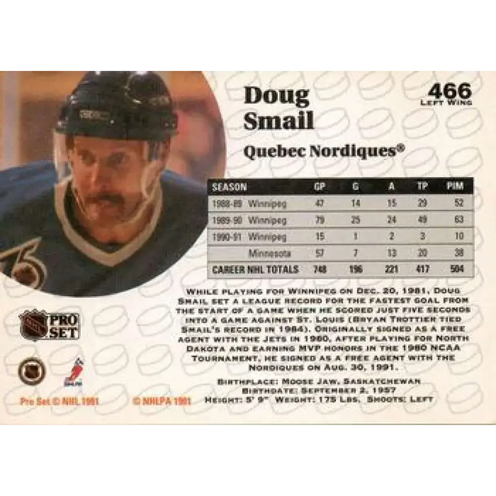 1991-92 Pro Set #466 Doug Smail NM-MT Quebec Nordiques Hockey Card - Hockey Card Single