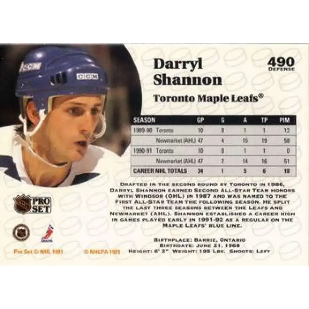 1991-92 Pro Set #490 Darryl Shannon NM-MT Toronto Maple Leafs Hockey Card - Hockey Card Single