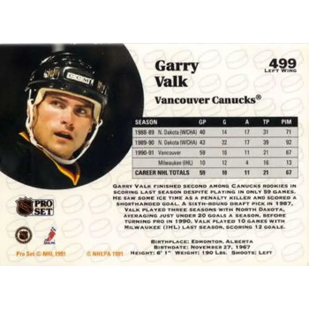 1991-92 Pro Set #499 Garry Valk NM-MT Vancouver Canucks Hockey Card - Hockey Card Single