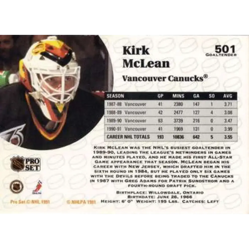 1991-92 Pro Set #501 Kirk McLean NM-MT Vancouver Canucks Hockey Card - Hockey Card Single