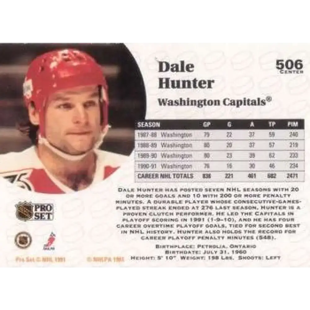 1991-92 Pro Set #506 Dale Hunter NM-MT Washington Capitals Hockey Card - Hockey Card Single