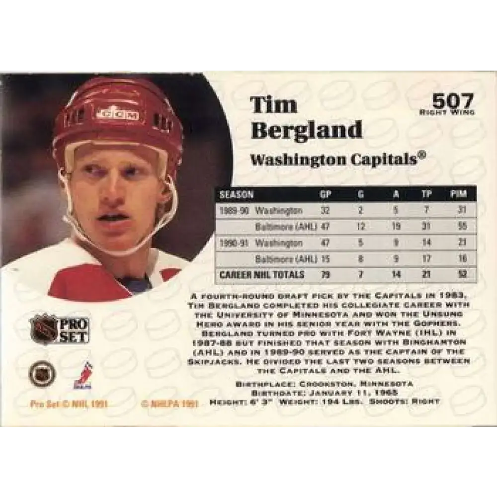 1991-92 Pro Set #507 Tim Bergland NM-MT Washington Capitals Hockey Card - Hockey Card Single