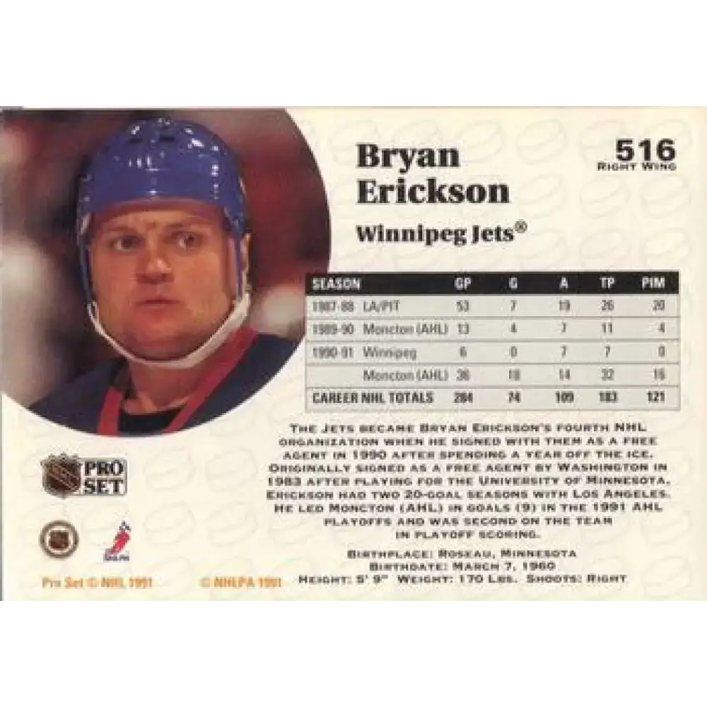 1991-92 Pro Set #516 Bryan Erickson NM-MT Winnipeg Jets Hockey Card - Hockey Card Single