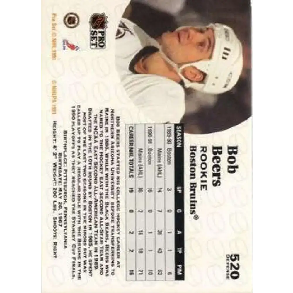 1991-92 Pro Set #520 Bob Beers NM-MT Boston Bruins Hockey Card - Hockey Card Single