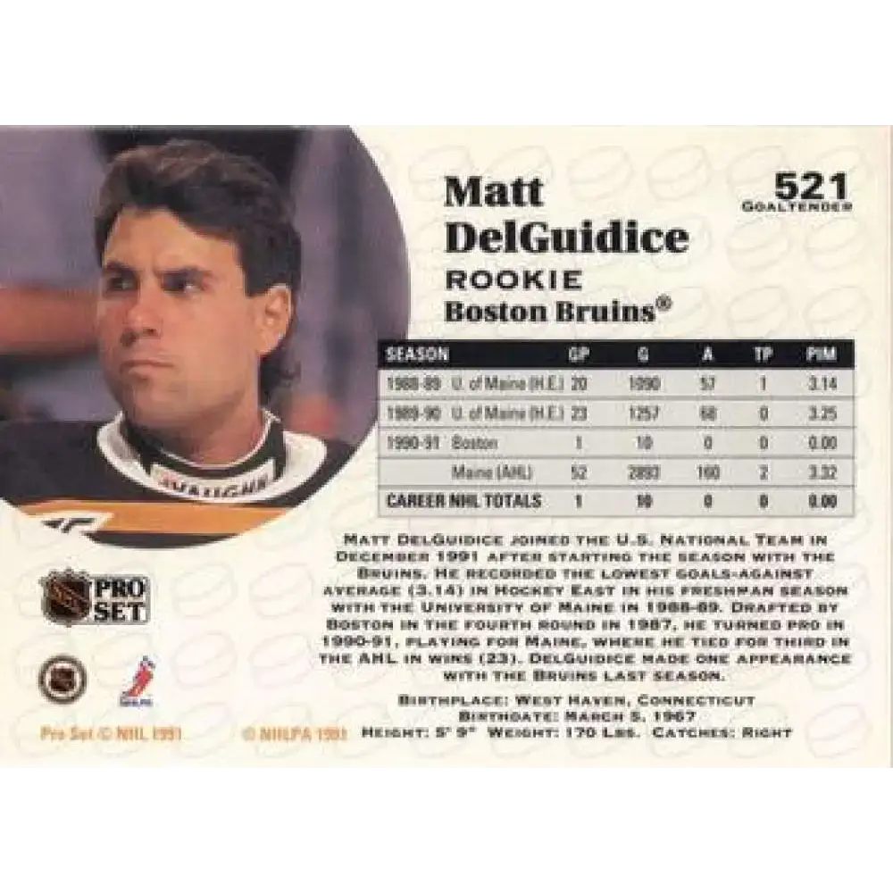 1991-92 Pro Set #521 Matt DelGuidice NM-MT Boston Bruins Hockey Card - Hockey Card Single