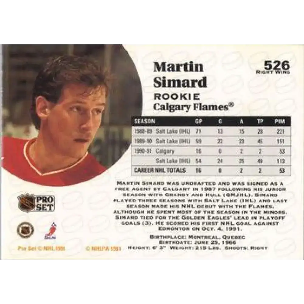 1991-92 Pro Set #526 Martin Simard NM-MT Calgary Flames Hockey Card - Hockey Card Single