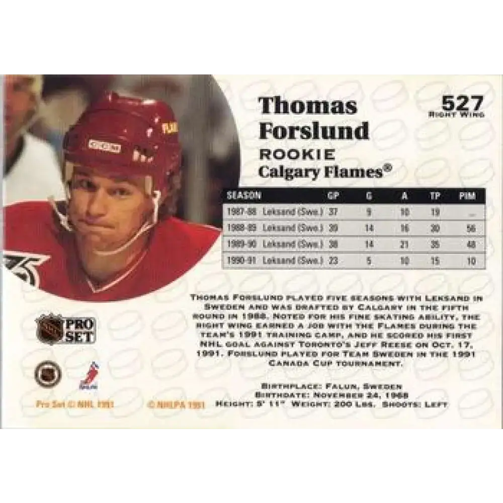 1991-92 Pro Set #527 Tomas Forslund NM-MT RC Rookie Calgary Flames Hockey Card - Hockey Card Single