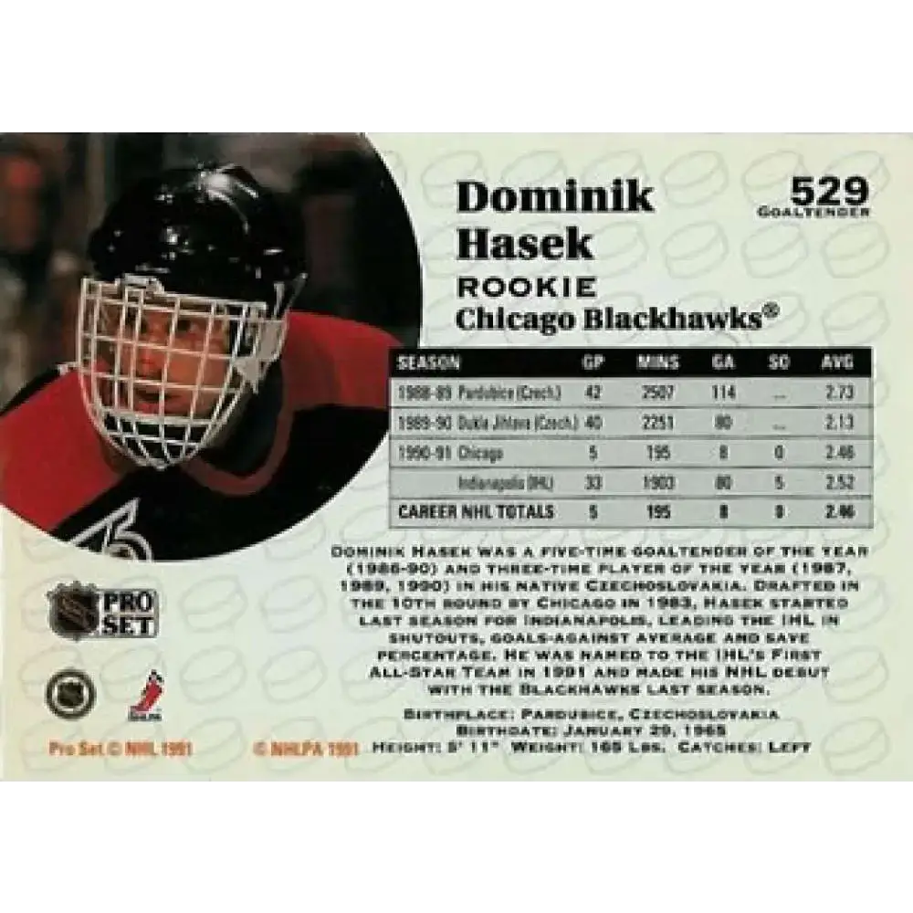 1991-92 Pro Set #529 Dominik Hasek NM-MT RC Rookie Chicago Blackhawks Hockey Card - Hockey Card Single
