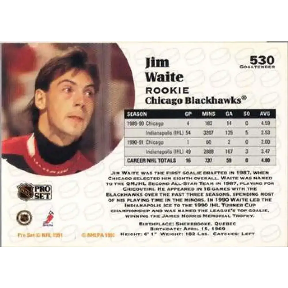 1991-92 Pro Set #530 Jim Waite NM-MT Chicago Blackhawks Hockey Card - Hockey Card Single