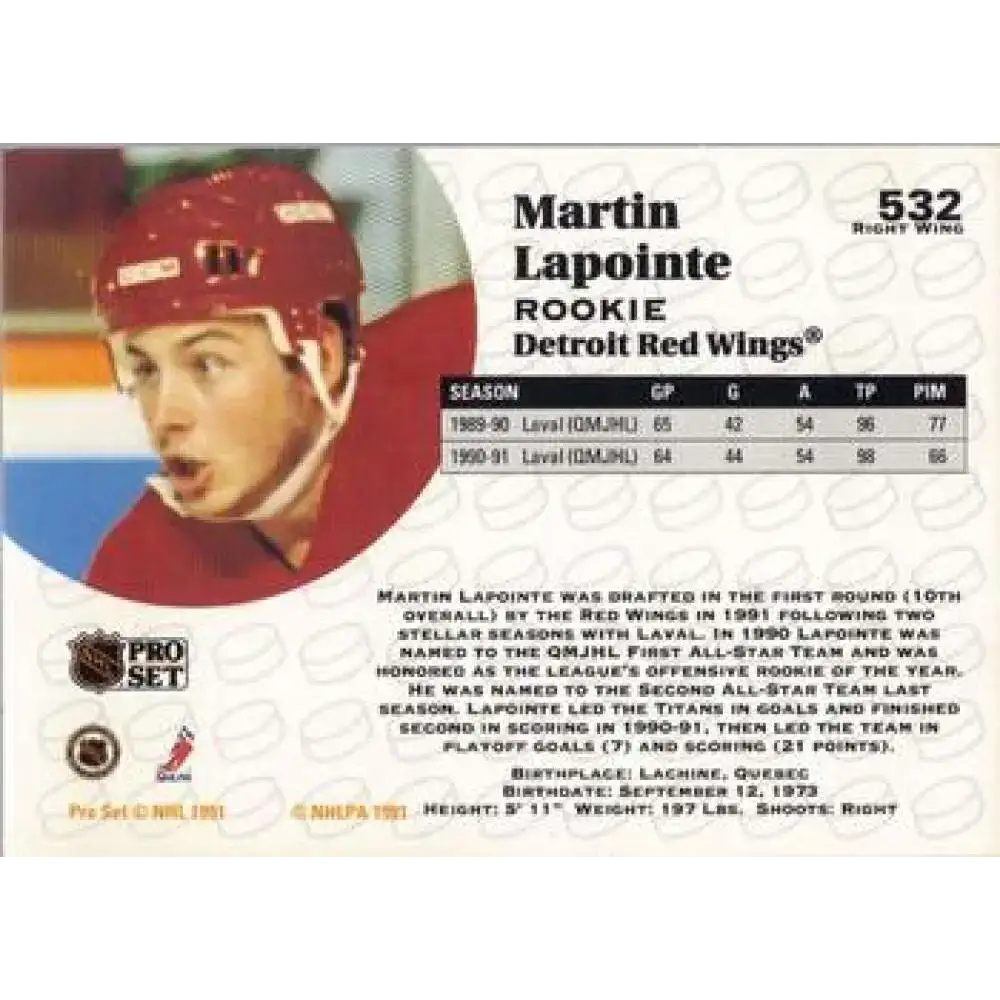 1991-92 Pro Set #532 Martin Lapointe NM-MT Detroit Red Wings Hockey Card - Hockey Card Single