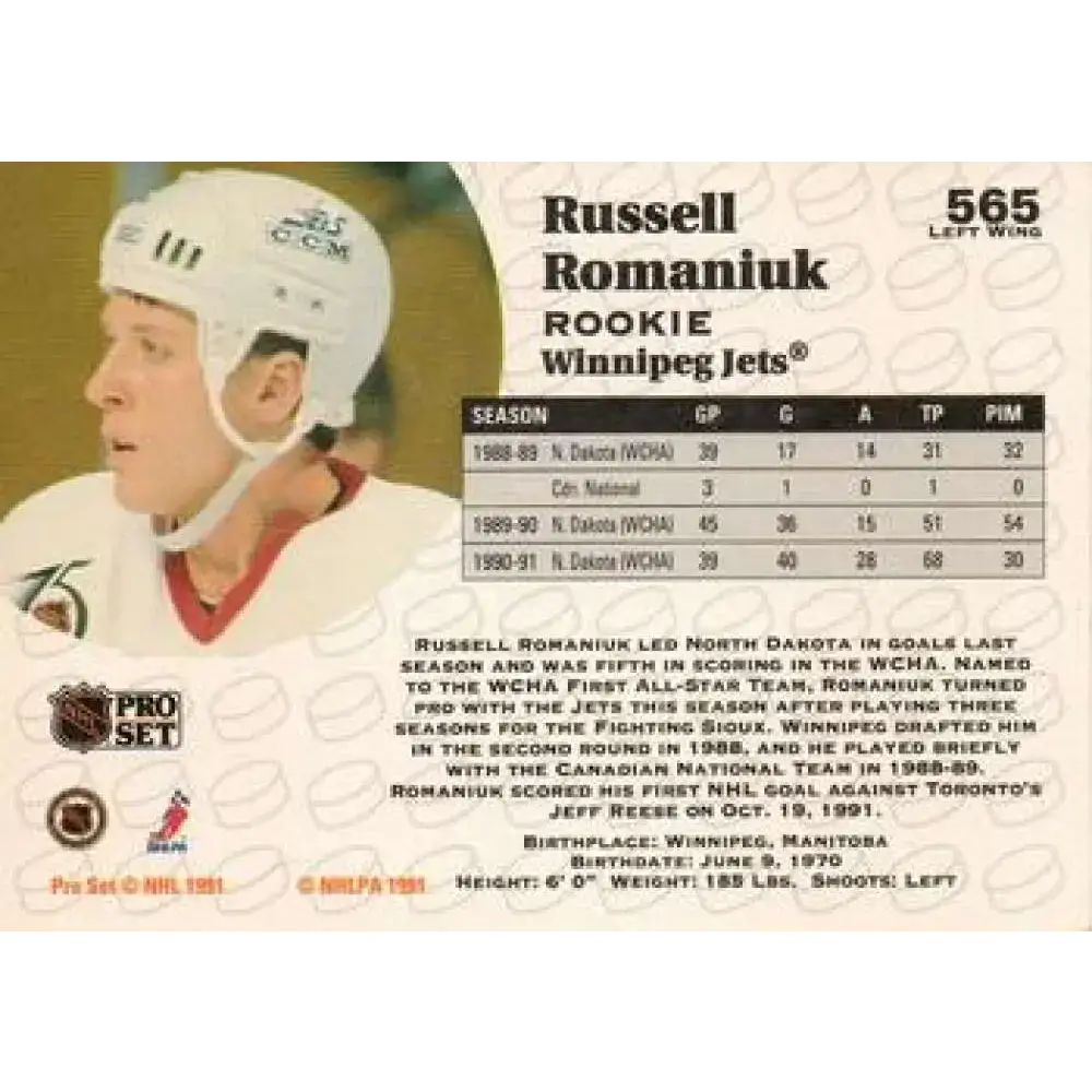 1991-92 Pro Set #565 Russ Romaniuk NM-MT RC Rookie Winnipeg Jets Hockey Card - Hockey Card Single