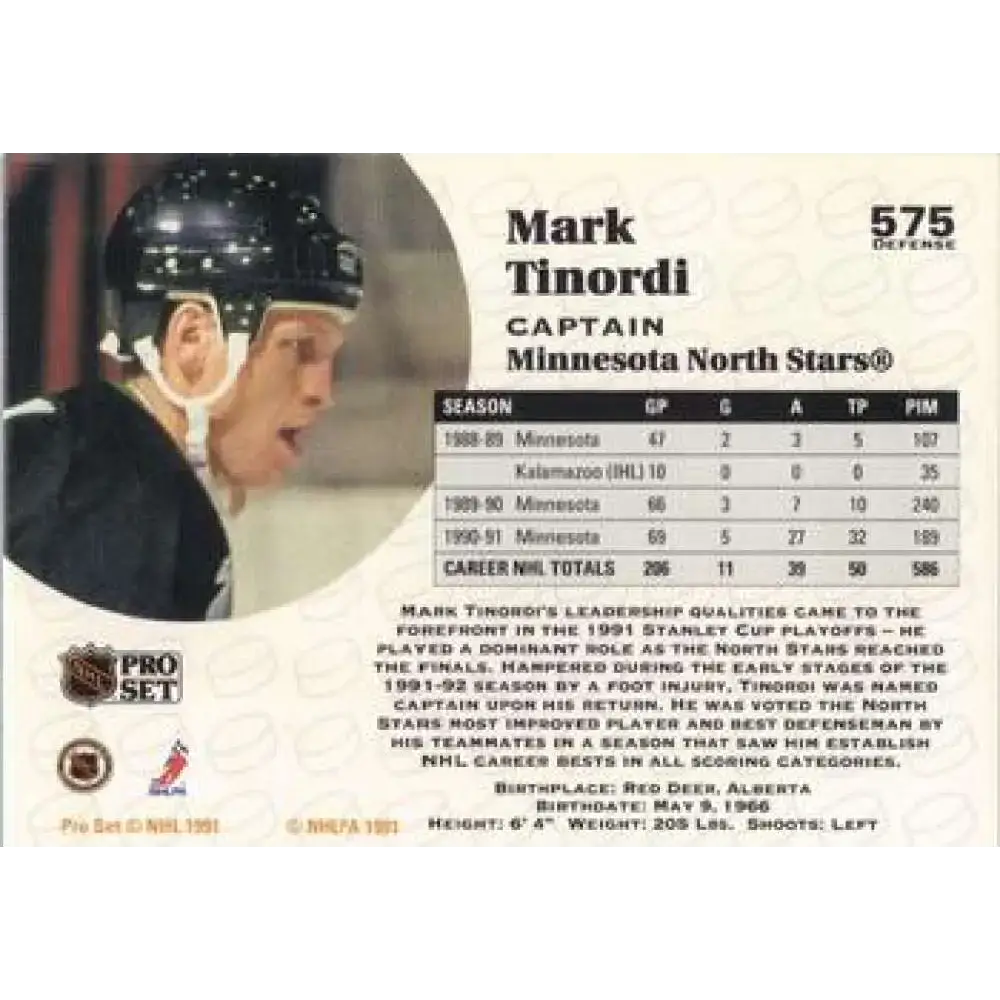 1991-92 Pro Set #575 Mark Tinordi NM-MT Minnesota North Stars Hockey Card - Hockey Card Single