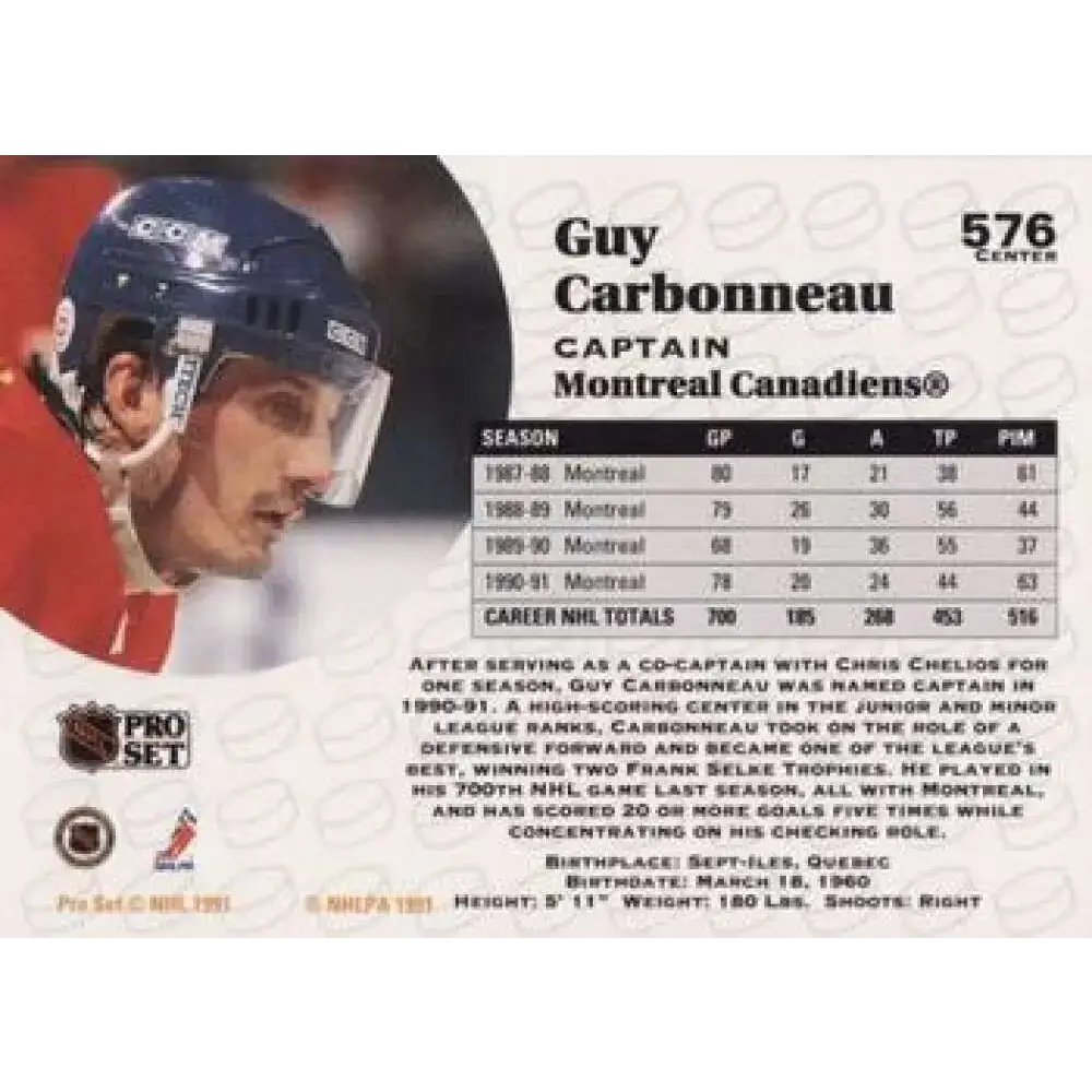 1991-92 Pro Set #576 Guy Carbonneau NM-MT Montreal Canadiens Hockey Card - Hockey Card Single