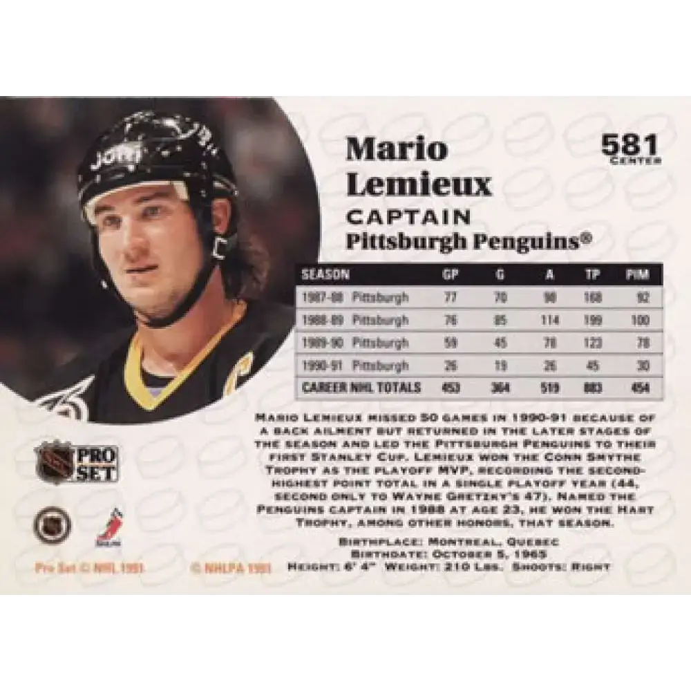 1991-92 Pro Set #581 Mario Lemieux NM-MT Pittsburgh Penguins Hockey Card - Hockey Card Single