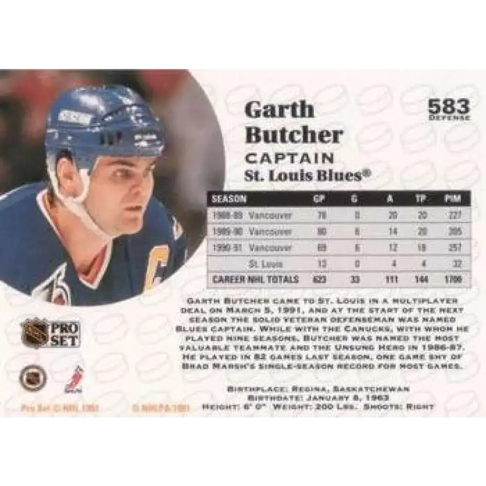 1991-92 Pro Set #583 Garth Butcher NM-MT St. Louis Blues Hockey Card - Hockey Card Single