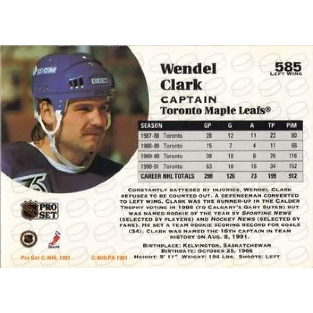 1991-92 Pro Set #585 Wendel Clark NM-MT Toronto Maple Leafs Hockey Card - Hockey Card Single
