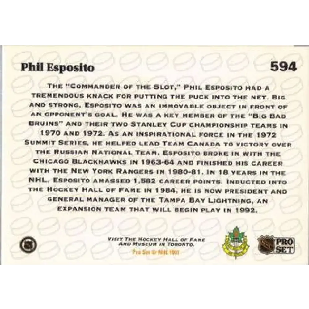 1991-92 Pro Set #594 Phil Esposito NM-MT Boston Bruins Hockey Card - Hockey Card Single