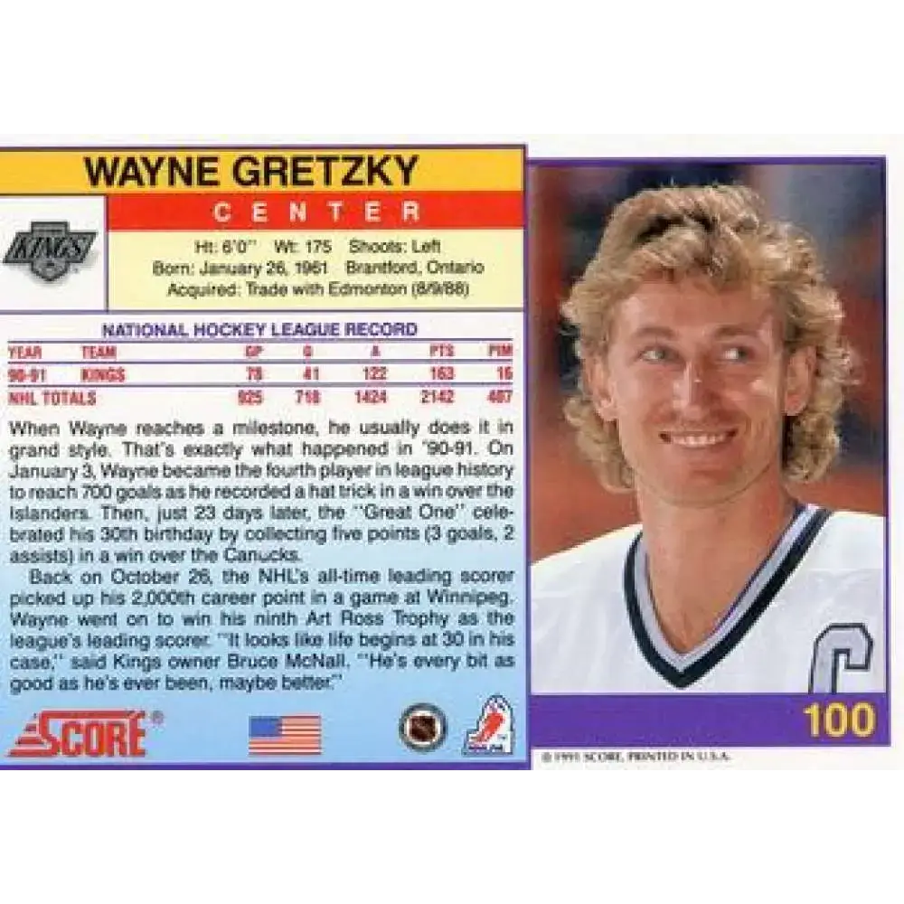 1991-92 Score American #100 Wayne Gretzky NM-MT Los Angeles Kings Hockey Card - Hockey Card Single