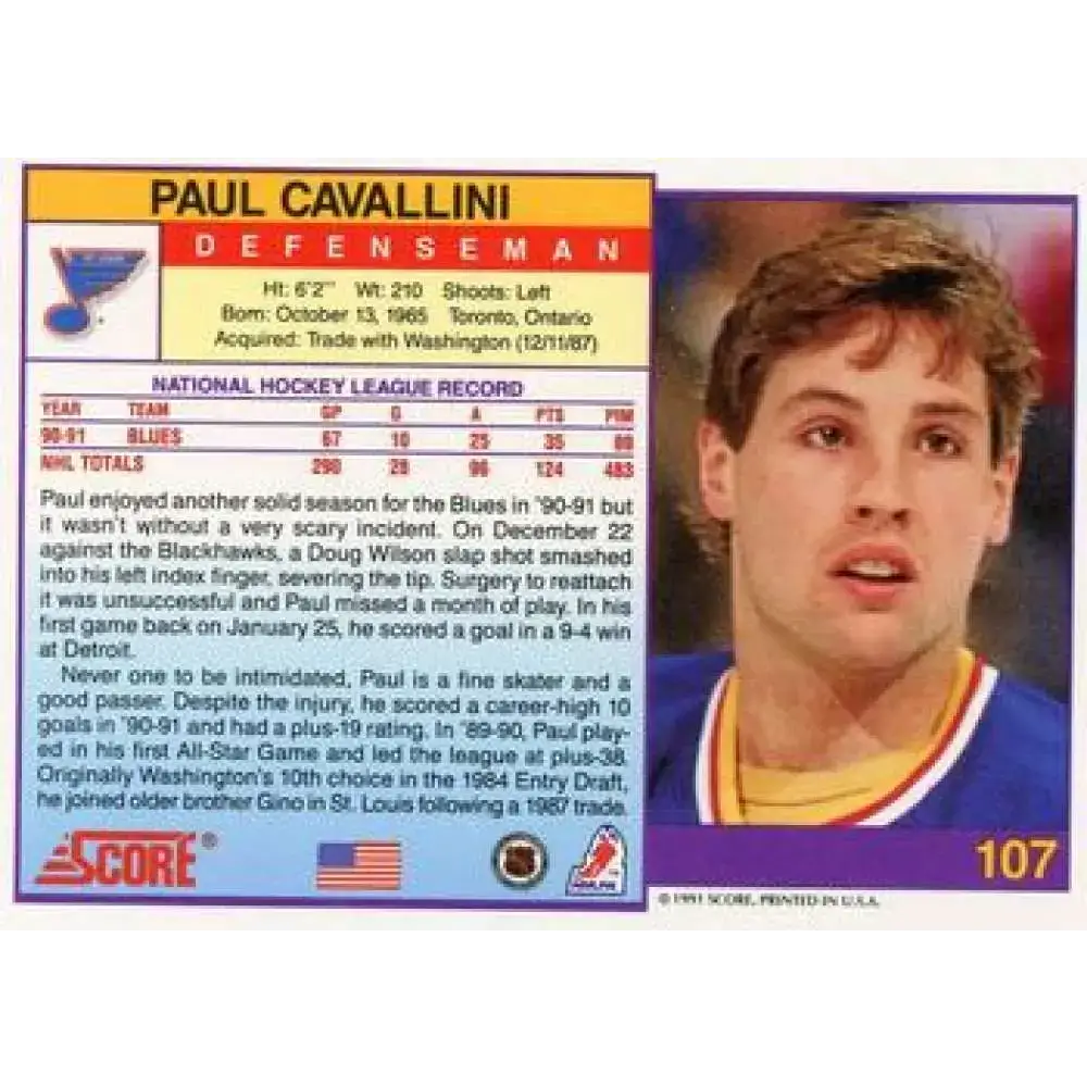 1991-92 Score American #107 Paul Cavallini NM-MT St. Louis Blues Hockey Card - Hockey Card Single