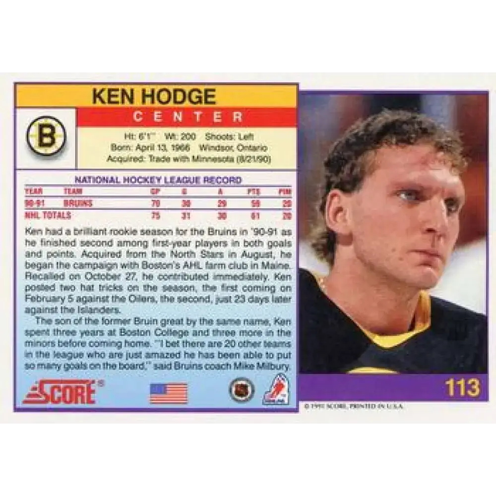 1991-92 Score American #113 Ken Hodge Jr. NM-MT Boston Bruins Hockey Card - Hockey Card Single