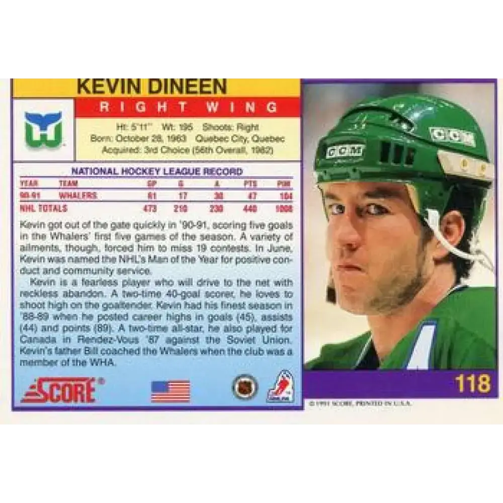 1991-92 Score American #118 Kevin Dineen NM-MT Hartford Whalers Hockey Card - Hockey Card Single