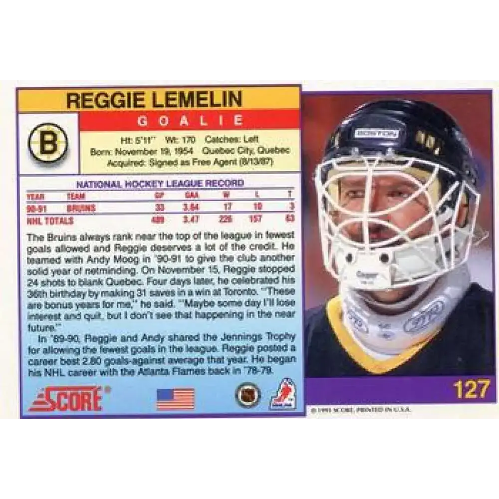 1991-92 Score American #127 Rejean Lemelin NM-MT Boston Bruins Hockey Card - Hockey Card Single