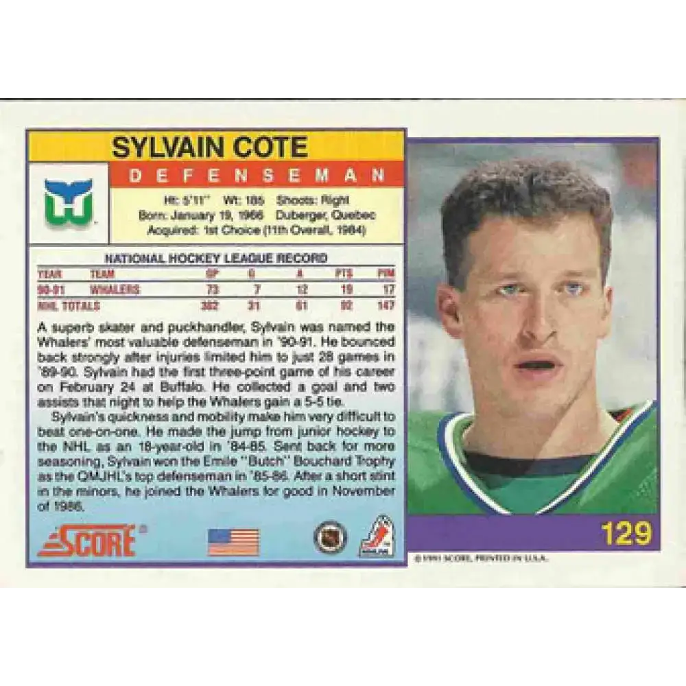 1991-92 Score American #129 Sylvain Cote NM-MT Hartford Whalers Hockey Card - Hockey Card Single