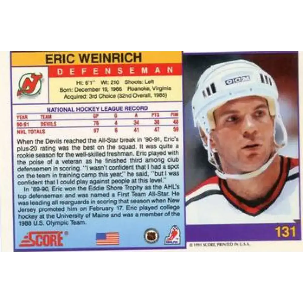 1991-92 Score American #131 Eric Weinrich NM-MT New Jersey Devils Hockey Card - Hockey Card Single