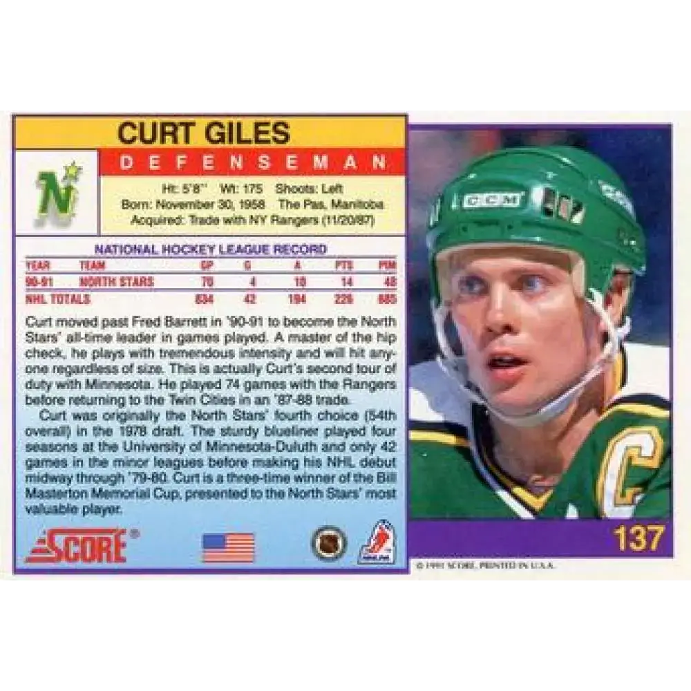 1991-92 Score American #137 Curt Giles NM-MT Minnesota North Stars Hockey Card - Hockey Card Single