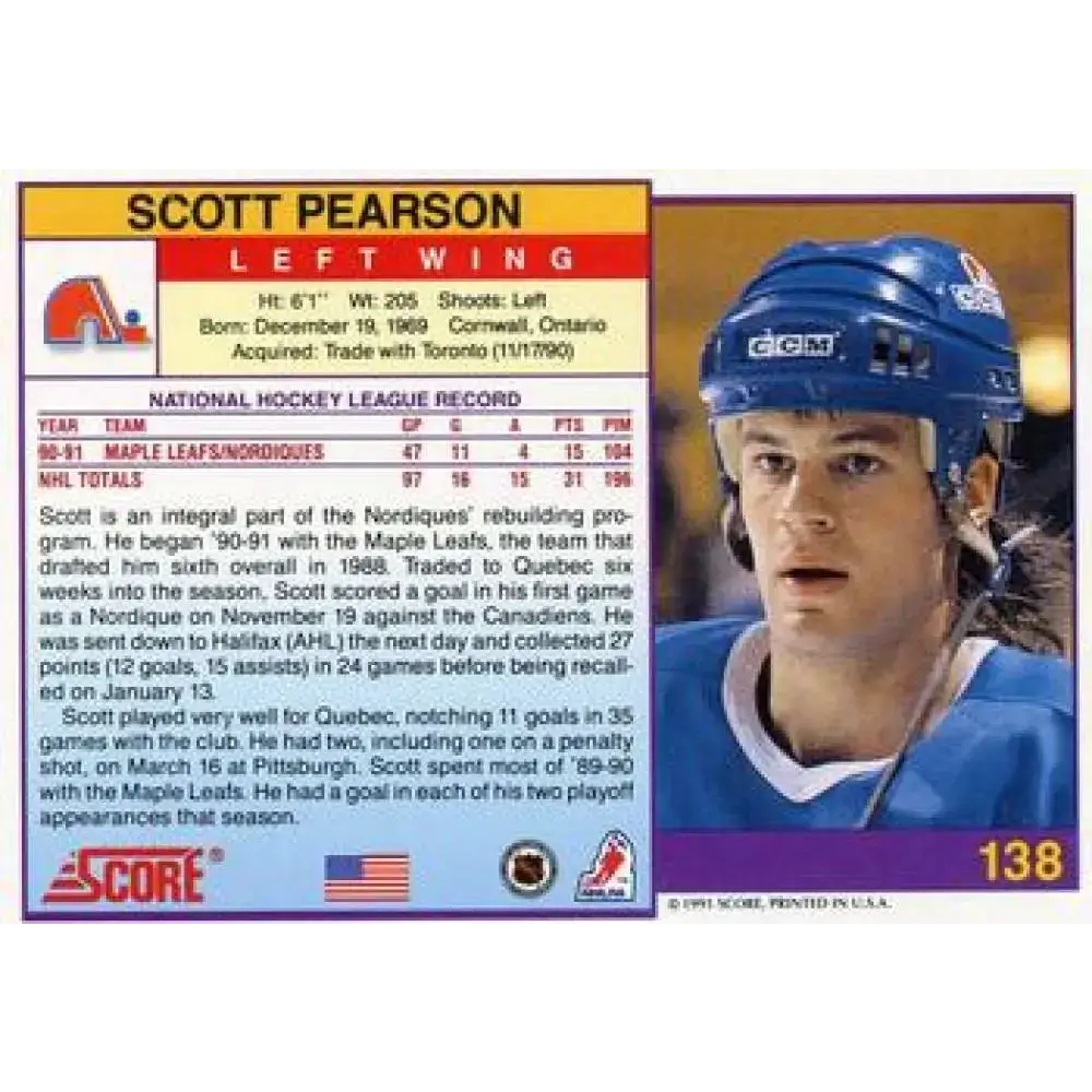 1991-92 Score American #138 Scott Pearson NM-MT Quebec Nordiques Hockey Card - Hockey Card Single