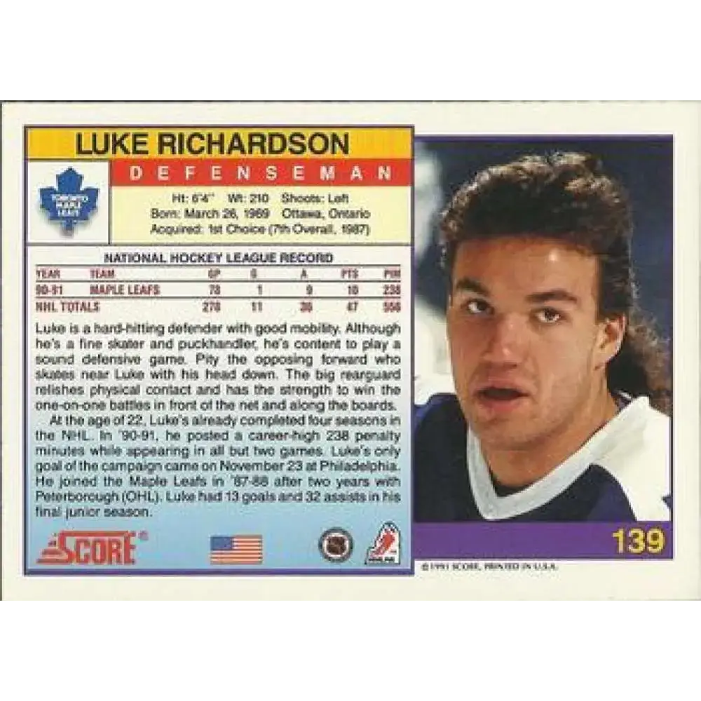 1991-92 Score American #139 Luke Richardson NM-MT Toronto Maple Leafs Hockey Card - Hockey Card Single