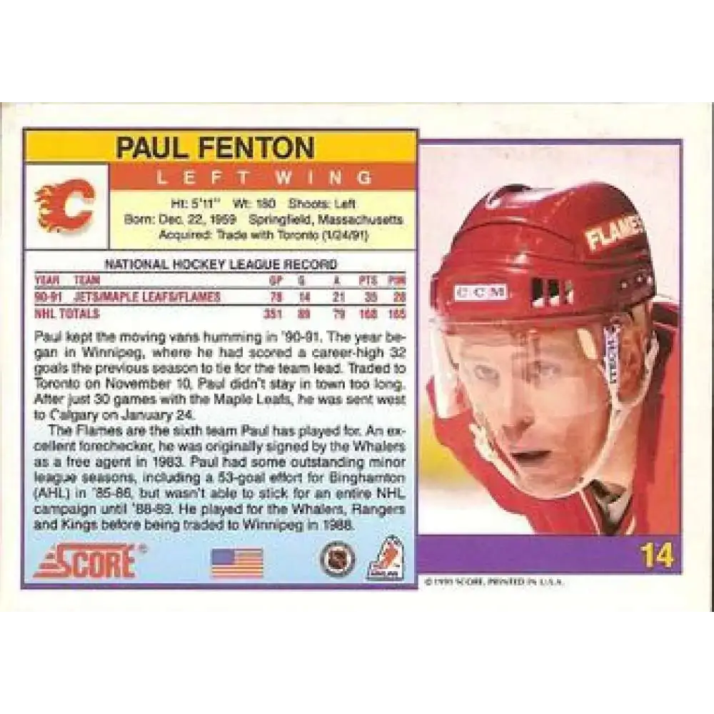 1991-92 Score American #14 Paul Fenton NM-MT Calgary Flames Hockey Card - Hockey Card Single