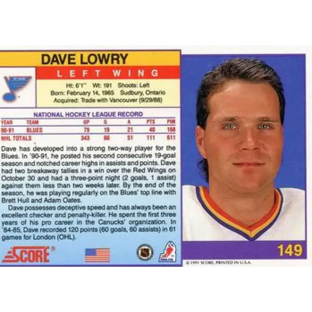 1991-92 Score American #149 Dave Lowry NM-MT St. Louis Blues Hockey Card - Hockey Card Single